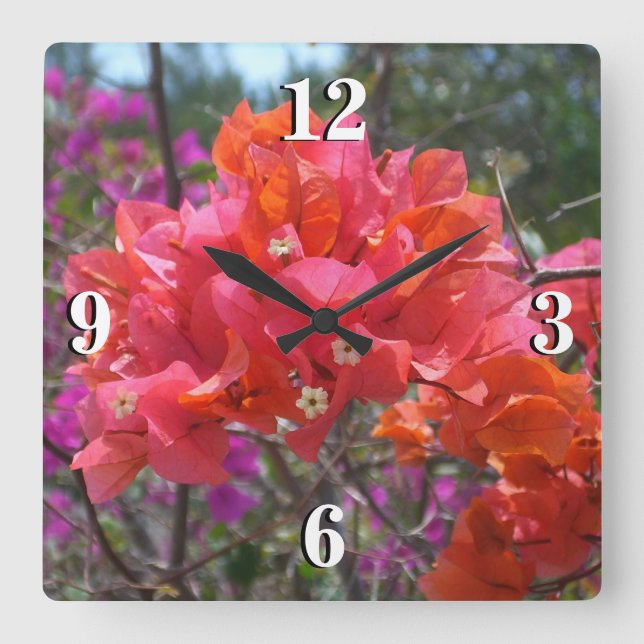Tropisches Pink Bougainvillea Insel Floral Quadratische Wanduhr (Vorderseite)
