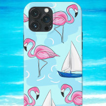 Tropisches Pink Flamingo Blue Sailboat Preppy