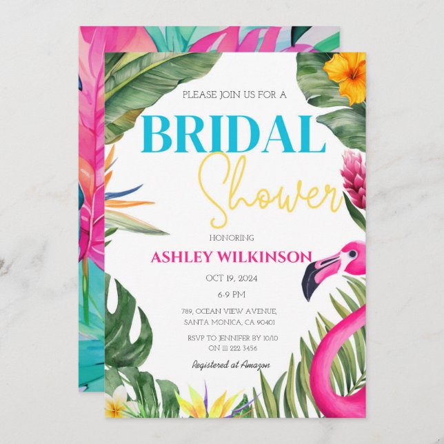 Tropisches Pink Flamingo Floral Beach Brautparty Einladung (Vorne/Hinten)