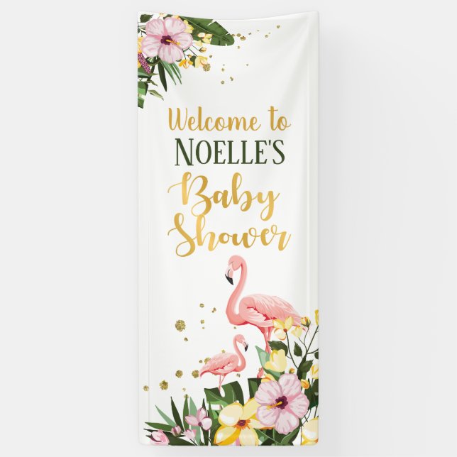 Tropisches Pink Flamingo Floral Gold Baby Dusche Banner (Vertikal)