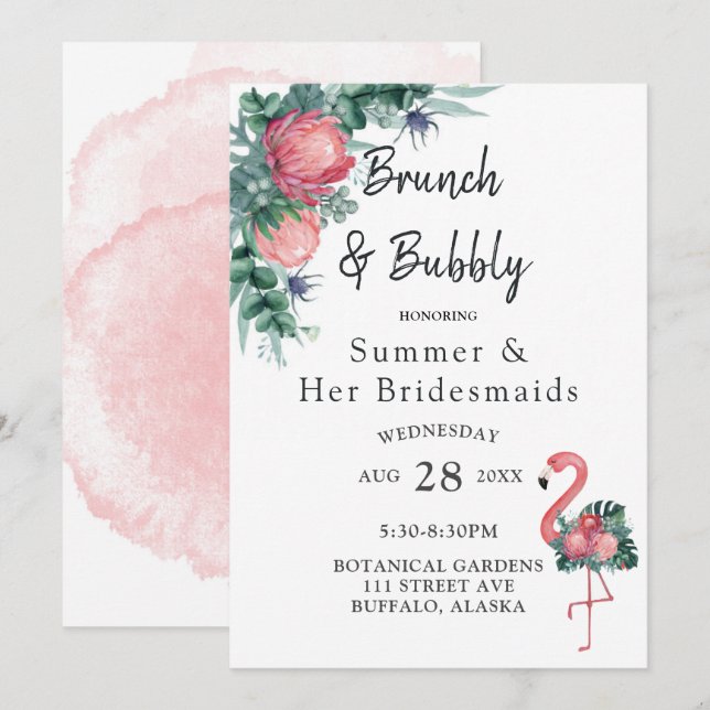 Tropisches Pink Flamingo Peony Brunch und Bubbly Einladung (Vorne/Hinten)