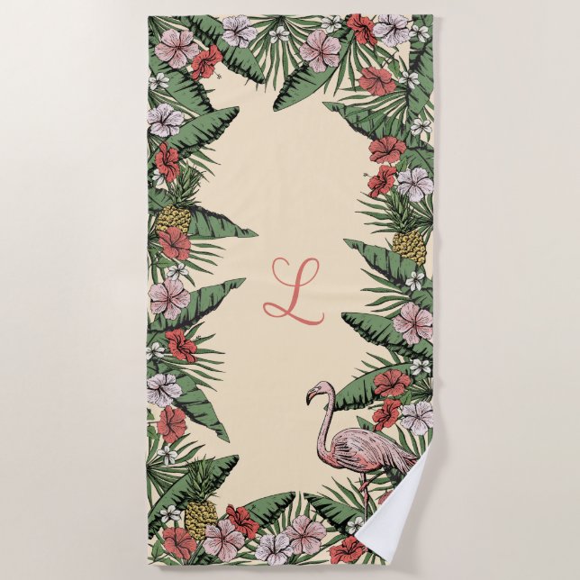 Tropisches Pink Flamingo und Hibiskus Mit Monogram Strandtuch (Vorderseite)