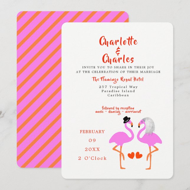 Tropisches Pink Flamingos Fun Moderne Hochzeit ein Einladung (Vorne/Hinten)
