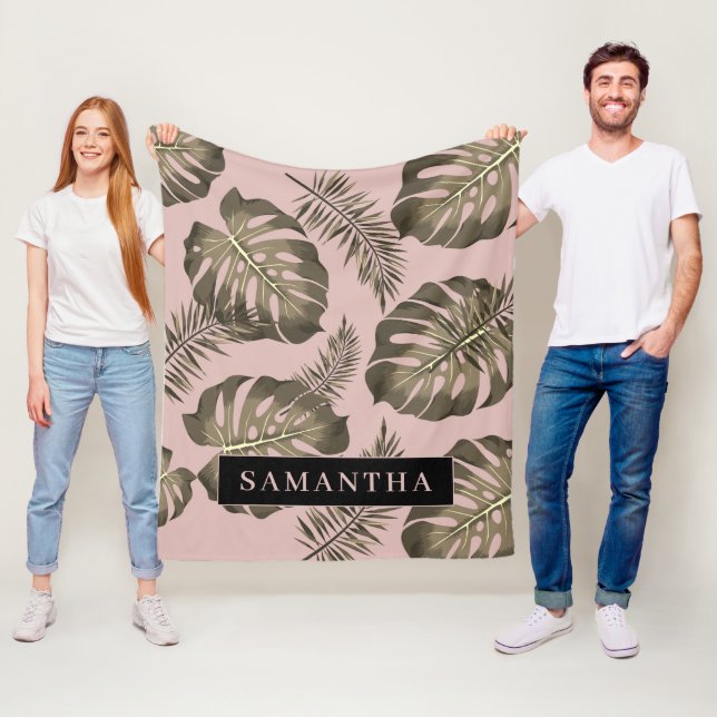 Tropisches Pink & Gold Palm Blätter Muster & Name Fleecedecke (Beispiel)