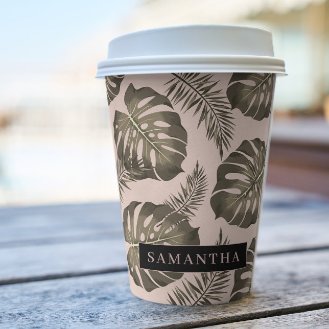 Tropisches Pink & Gold Palm Blätter Muster & Name Pappbecher (Von Creator hochgeladen)