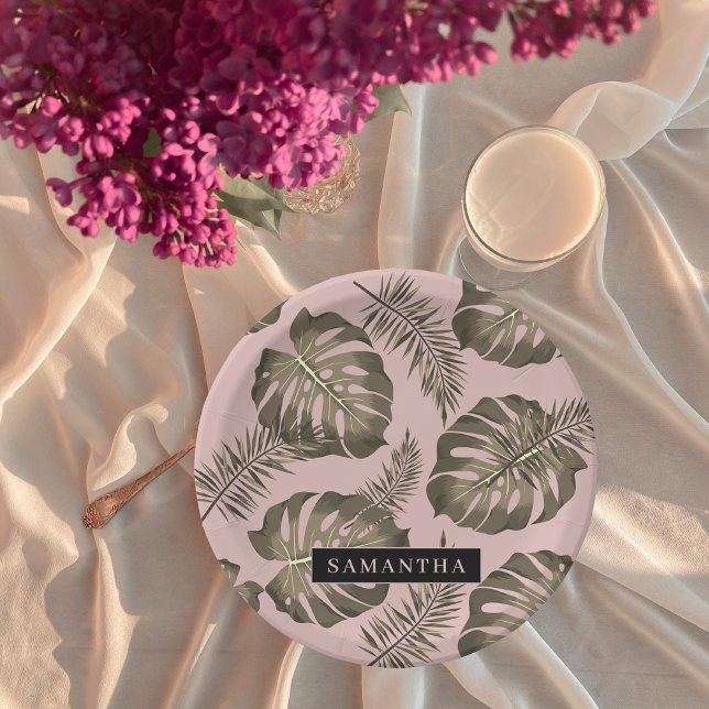 Tropisches Pink & Gold Palm Blätter Muster & Name Pappteller (Von Creator hochgeladen)