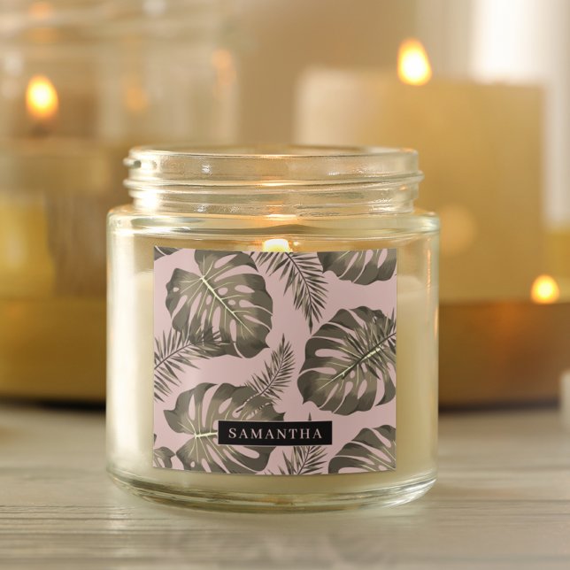 Tropisches Pink & Gold Palm Blätter Muster & Name Quadratischer Aufkleber (Von Creator hochgeladen)