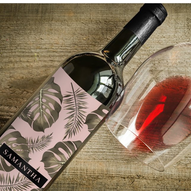 Tropisches Pink & Gold Palm Blätter Muster & Name Weinetikett (Von Creator hochgeladen)