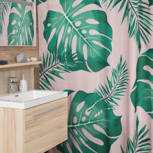 Tropisches Pink & Green Palm Blätter Nahtloses Mus Duschvorhang