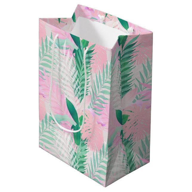 Tropisches Pink Mint Palm Foliage Grüne Mittlere Geschenktüte (Vorderseite Schrägansicht)