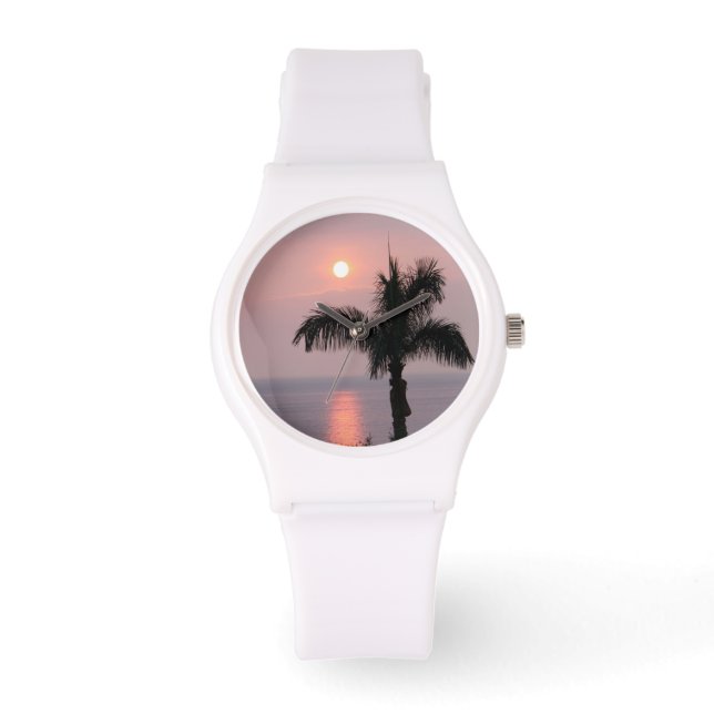 Tropisches Pink Sunset Sky und Palm Sporty Watch Armbanduhr (Vorderseite)