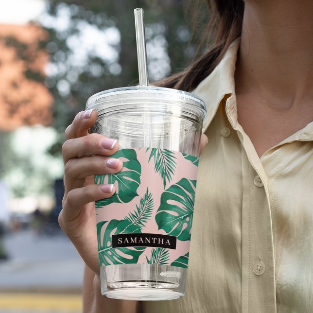 Tropisches Pink und grüne Palme Blätter Muster und Acryltrinkbecher (Von Creator hochgeladen)