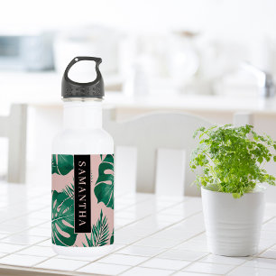 Tropisches Pink und grüne Palme Blätter Muster und Edelstahlflasche