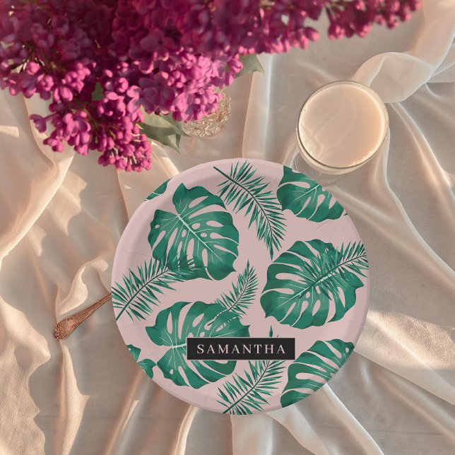 Tropisches Pink und grüne Palme Blätter Muster und Pappteller (Von Creator hochgeladen)