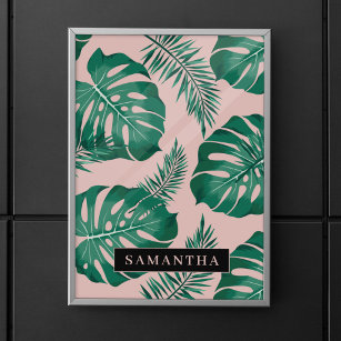 Tropisches Pink und grüne Palme Blätter Muster und Poster