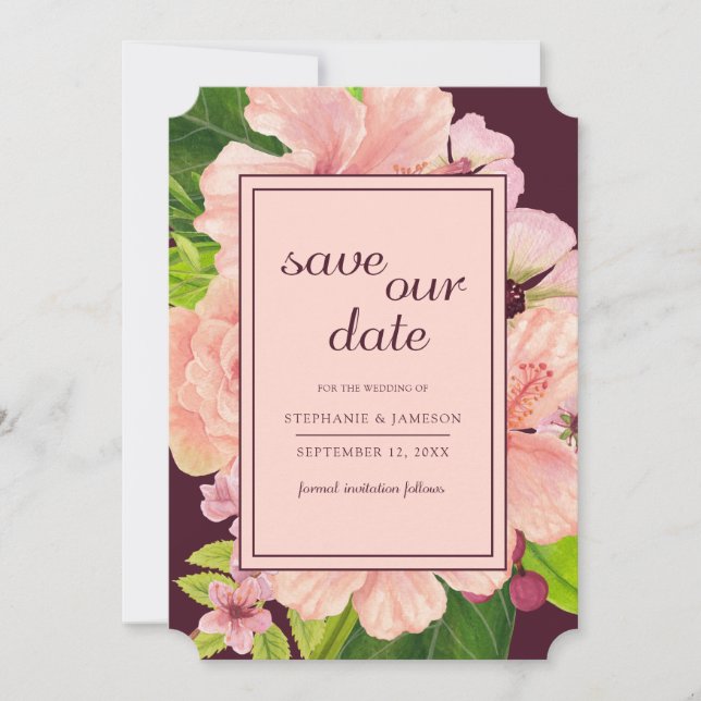 Tropisches Pink und Pfirsichfarben Save The Date (Vorderseite)