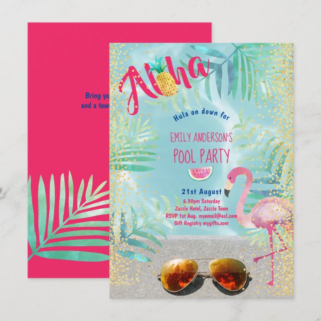 Tropisches POOL PARTY Flamingo Ananas Aloha Luau Einladung (Vorne/Hinten)