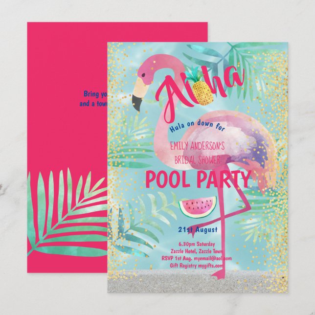 Tropisches POOL PARTY Flamingo Ananas Aloha Luau Einladung (Vorne/Hinten)