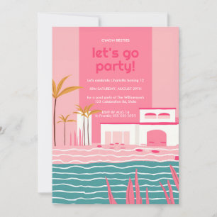 Tropisches Pool Party Retro Rosa Geburtstag Einladung