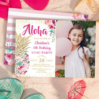Tropisches Rosa Ananas Luau Birthday Foto Einladung