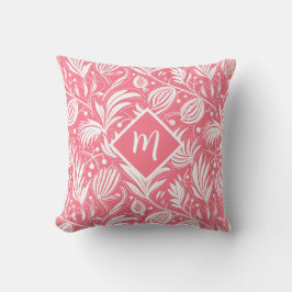 Tropisches rosa Blumenmuster Diamant-Monogramm Kissen