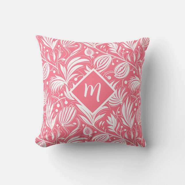 Tropisches rosa Blumenmuster Diamant-Monogramm Kissen (Vorderseite)