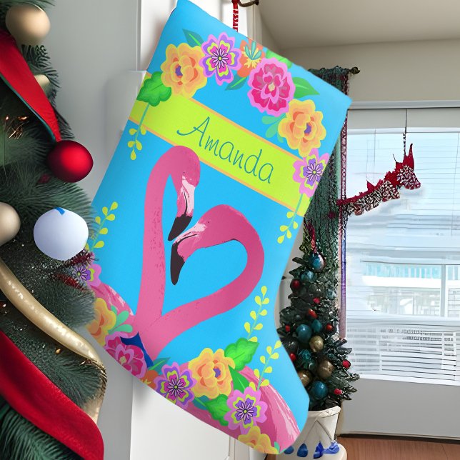 Tropisches rosa Flamingo farbenfrohe Florida Fun M Großer Weihnachtsstrumpf (Tropical pink flamingo bright pink & blue personalized Christmas stocking)