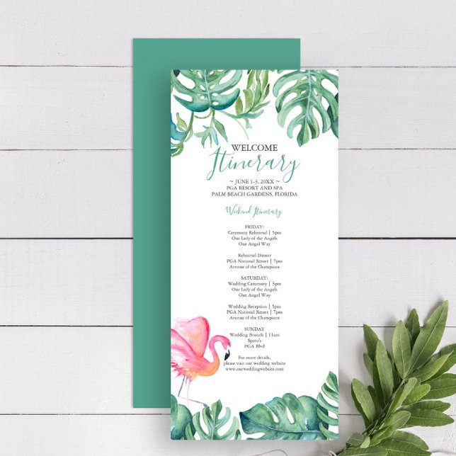 Tropisches Rosa Flamingo Grün Hochzeitstag (Wedding itinerary tropical destination weddings artwork and design by Victoria Grigaliunas)