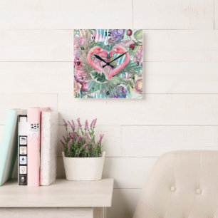 Tropisches Rosa Flamingo Herz Abstrakte Geschichte Quadratische Wanduhr