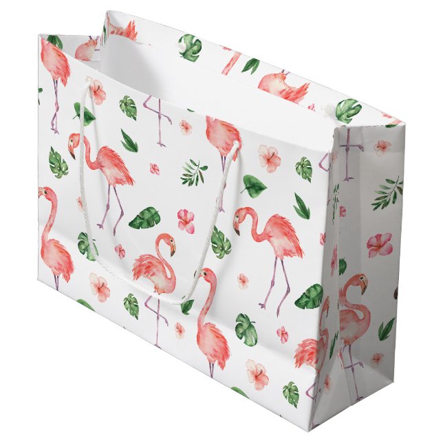 Tropisches rosa Flamingo-Muster Große Geschenktüte (Vorderseite Schrägansicht)