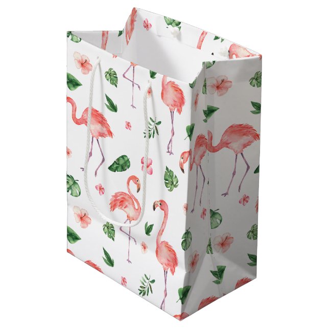 Tropisches rosa Flamingo-Muster Mittlere Geschenktüte (Vorderseite Schrägansicht)