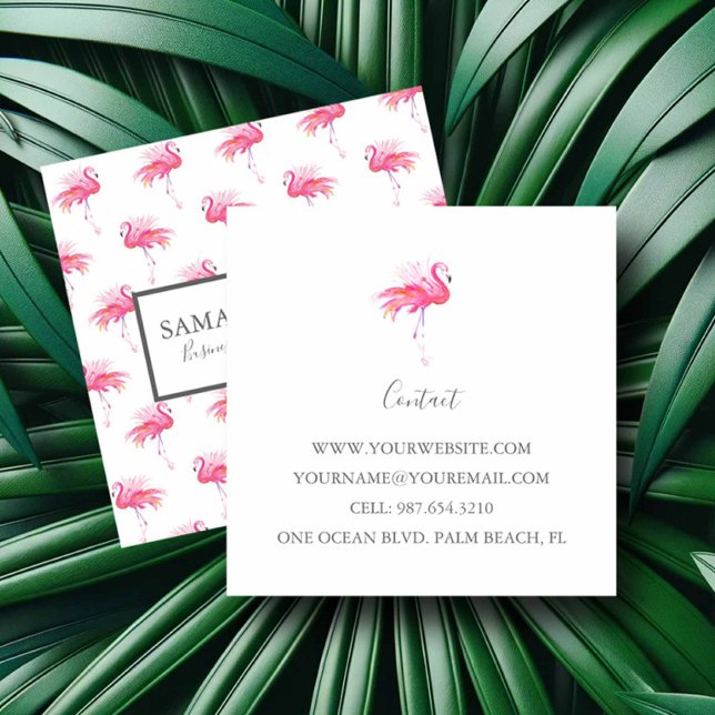 Tropisches rosa Flamingo-Muster Quadratische Visitenkarte (tropical girly business cards feature watercolor pink flamingo art by Victoria Grigaliunas)