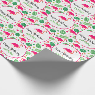 Tropisches rosa Flamingo Personalisierter Geburtst Geschenkpapier
