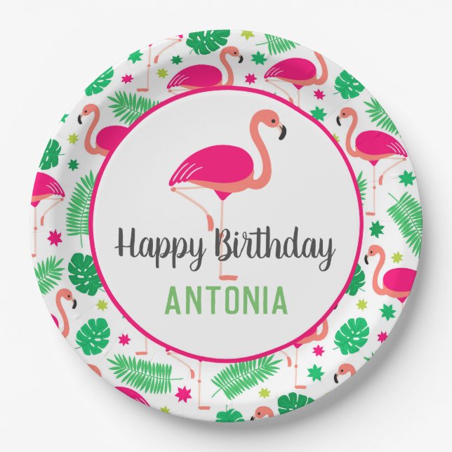 Tropisches rosa Flamingo Personalisierter Geburtst Pappteller (Vorderseite)