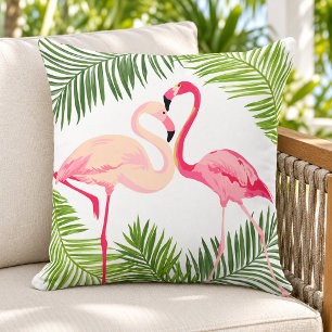 Tropisches rosa Flamingopaar Palmwedel Kissen