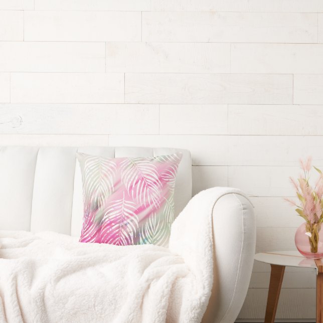 Tropisches Rosa, grünes, weißes Aquarell Kissen (Liege)