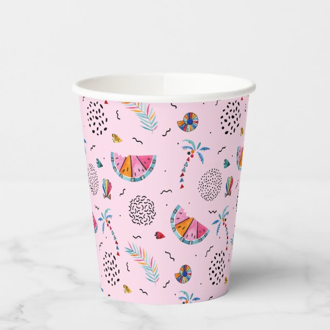 Tropisches rosa Memphis Stilmuster Pappbecher (Links)