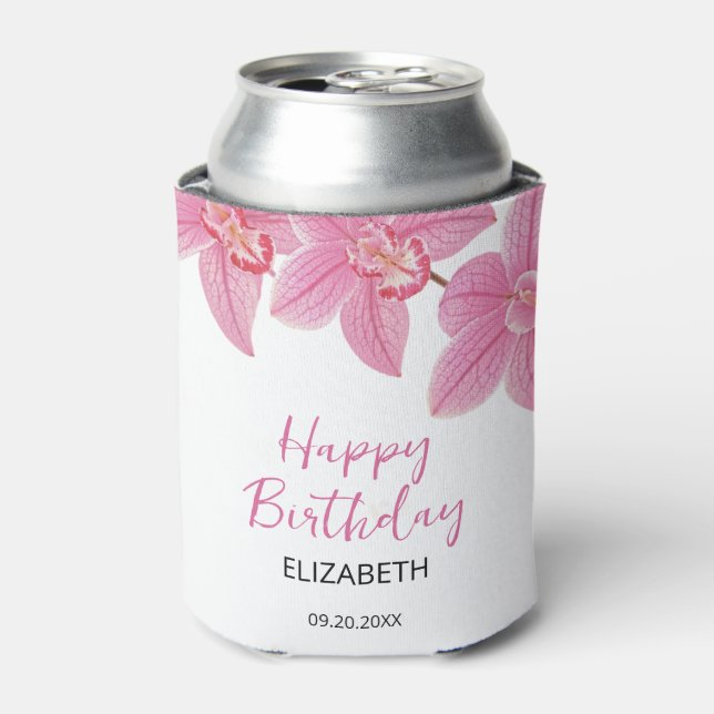 Tropisches Rosa Orchid Blume Happy Birthday Dosenkühler (Kanne Vorderseite)