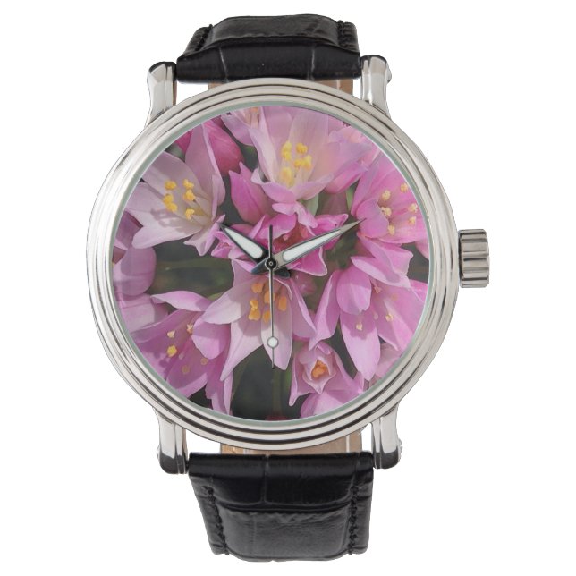 Tropisches Rosa und gelbe Blumen Armbanduhr (Vorderseite)