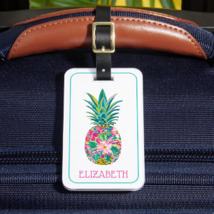 Tropisches Rosa und Grün Florales Ananas Gepäckanhänger