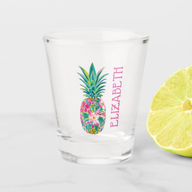 Tropisches Rosa und grüne Ananas Schnapsglas (Vorderseite)