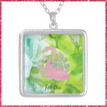 Tropisches Rosa und grüne Flamingo und Palmen Versilberte Kette<br><div class="desc">Schöne Florida Farben auf abstraktem Hintergrund mit Flamingo und Palmen. Blau,  Grün und lachsfarbene Farben. Fügen Sie Ihren Namen zu personalisieren.</div>