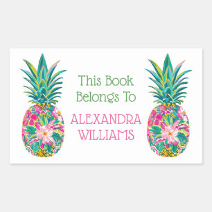 Tropisches Rosa und Grünes Florales Ananas-Exlibri Rechteckiger Aufkleber