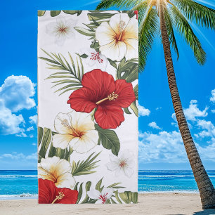 Tropisches Rot und Weiß Hibiskus Strandtuch