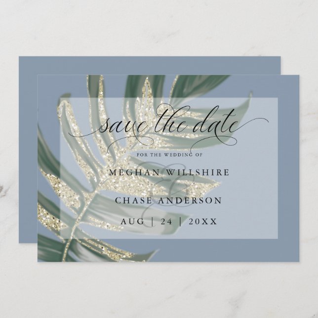 Tropisches Rustikales Split Leaf Gerettet Dat Save The Date (Vorne/Hinten)