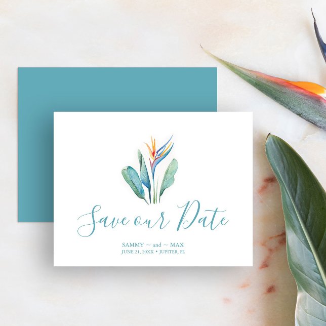 Tropisches Save the Date für Hochzeiten (Save the date tropical destination wedding watercolor art by Victoria Grigaliunas of Do Tell A Belle)
