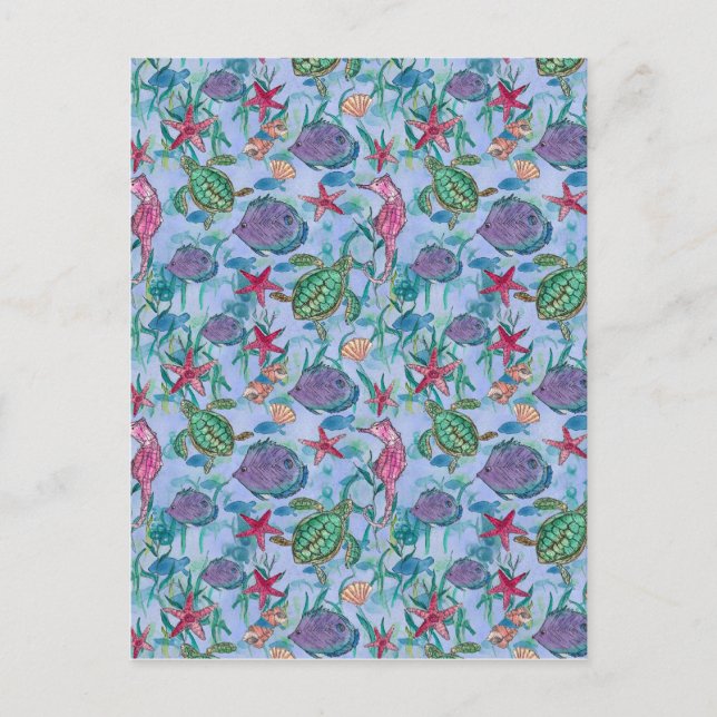 Tropisches Seepferd Meeresschildkröte Kunst Postkarte (Vorderseite)