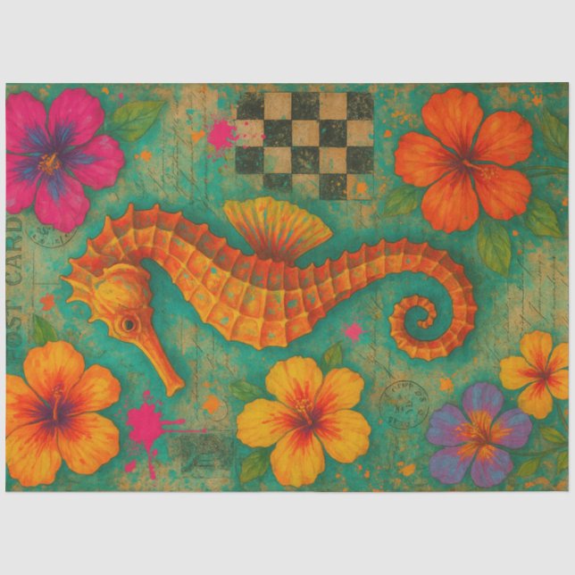 Tropisches Seepferd Postcard Decoupage Boho Seidenpapier (Vorderseite)