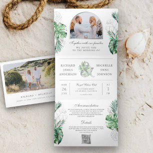 Tropisches Silber Palm Foto QR Code Hochzeit Dreifach Gefaltete Einladung