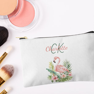 Tropisches Sommer-Monogramm mit rosa Flamingo Zubehörtasche